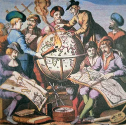 Frontispice av nederlandsk kartatlas som viser en gruppe kartografer og instrumenter, ca. 1710 (farge litho)