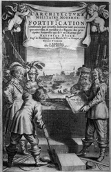 Frontispice til LArchitecture Militaire Moderne, ou Fortification av Matthias Dogen, gravert av Theodor Matham (ca. 1606-76), pub. av Chez Louis Elzevier, Amsterdam, 1648