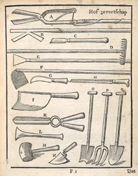 Hageredskaper, fra The Dutch Gardener av Johann van der Groen, utgitt 1699