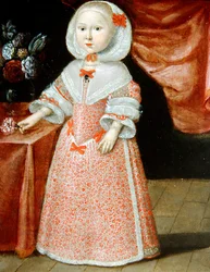 Jente som holder en rosa og hvit blomst, ca. 1640 (olje på kobber)