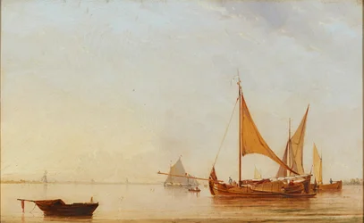 Harboring Boats at Dawn (olje om bord)