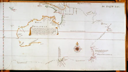 Kart over New Holland, nå Australia, og over New Zealand, hentet fra informasjon samlet inn under turer foretatt av Abel Janszoon Tasman