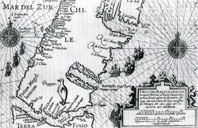 Kart over Magellanstredet, plate fra Oliver van Noorts beskrivelse av hans reise, 1602