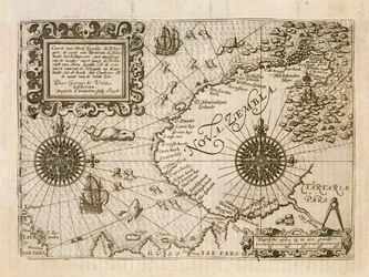 Kart over den nyoppdagede Nova Zembla, illustrasjon fra Diarium Nauticum, eller den sanne beskrivelsen av tre beundringsverdige reiser...