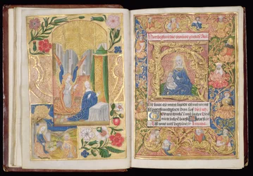 Ms 144, ff.13v-14r: The Annunciation and Virgin and Child, miniatyrer fra en timebok, Bruk av Utrecht, ca. 1500-20 (bladgull og gull og farget blekk på pergament)