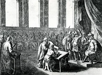 Ptolemaios Filadelfos, konge av Egypt, innkaller 72 menn fra Judea for å oversette jødisk lov til gresk, ca. 1700