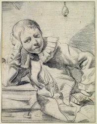 Skolegutt ved skrivebordet hans, ca. 1630-45 (kritt på papir)
