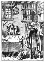 Skattemottakeren, etter et tresnitt i Praxis Rerum Civilium av Joos de Damhouder (1507-81) utgitt Antwerpen, 1557