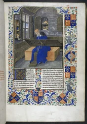 Oversetter på jobb, fra Fakta og ordtak memorabilia (eller Les Faits et les Dits des Romains), Royal 18 E III, f.24