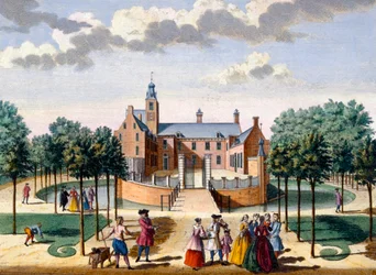 Utsikt over Adrichem House, fra Het Zeganpralent Kennemerlant av Hendrick de Leth og Matthias Brouerius Van Nidek, utgitt ca. 1700-1730