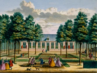 Utsikt over Jagerlust House, fra Het Zeganpralent Kennemerlant av Hendrick de Leth og Matthias Brouerius Van Nidek, utgitt ca. 1700-1730