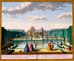 Utsikt over det store bassenget og parterren på baksiden av huset, fra Get Zeganpralent Kennemerland av Hendrik de Leth og Matthias Brouerius Van Nidek, utgitt ca. 1700-30