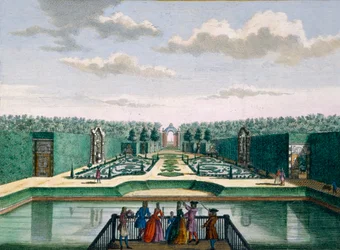 Utsikt over parterren og triumfbuen, Meerestein, fra Het Zeganpralent Kennemerlant av Hendrick de Leth og Matthias Brouerius Van Nidek, utgitt ca. 1700-1730