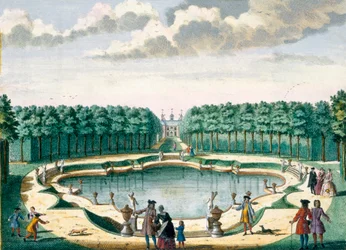 Utsikt over dammen mot baksiden av huset, Beckenstein, fra Her Zeganpralent Kennemerland av Hendrik de Leth og Matthias Brouerius Van Nidek, publisert ca. 1700-1730
