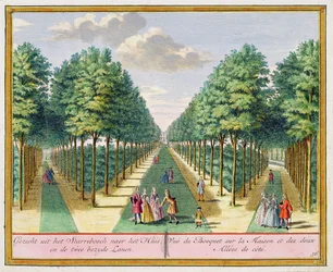Utsikt over treet til huset og de to sidegatene, Watervliet, fra Het Zegenpralent Kennemerlant, av Hendrick de Leth og Matthias Brouerius Van Nidek, utgitt ca. 1700-1730