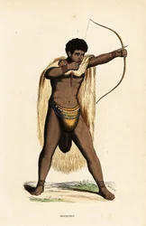 Khoikhoi-mann i dyrehudkappe, perlekledd, med pil og bue