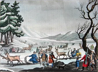 Tungus forlater vinterleiren på sleder trukket av rein, ca. 1820 (fargegravering)
