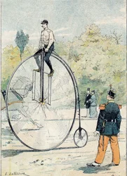 Grand bi (Grand-Bi) with front wheel diameter greater than 1.50 m - From a protective sleeve for school books, late 19th century - illustration by E. Letellier - Protege notebook historical, late 19th century -