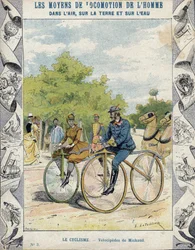 Pierre Michaux og Michaudine velocipedes - Fra et beskyttende omslag for skolebøker, sent på 1800-tallet - velocipedes a pedale (les michaudines) av Pierre Michaux (1813-1883)