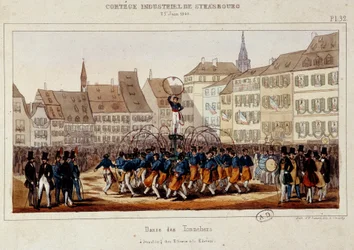 La danse des tonneliers under industrikortesjen i Strasbourg 25.06.1840. Litografi av Simon