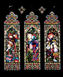 Bebudelsen, besøket og fødselen, laget av Lavers og Barraud, 1860 (farget glass) (se også 11886)