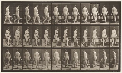 Plate 106. Vende for å gå opp trapper, bøtte med vann i hver hånd, 1872-1885