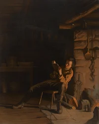 Boyhood of Lincoln. (An Evening in the Log Hut.), 1868 (kromolitografi på papir om bord)