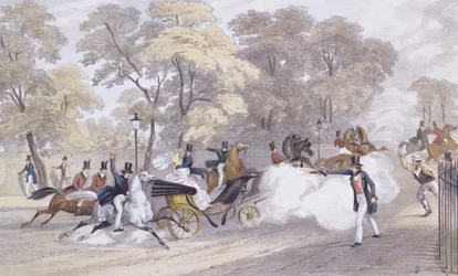 Edward Oxfords forsøk på å myrde dronning Victoria og prins Albert på Constitution Hill om kvelden onsdag 10. juni, gravert av J. R. Jobbins