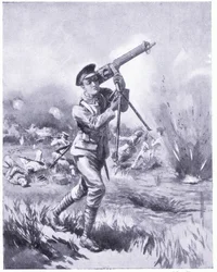 Menig Lynn bærer bort et maskingevær for reparasjon under kraftig ild i slaget ved Aisne. Tildelt DCM 1915