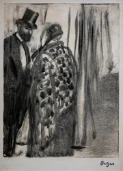 Samtale (Ludovic Halevy og Madame Cardinal). Rundt 1876-1877. Monotype har svarte blekkfester på en sekundær støttepapp av kunstneren.