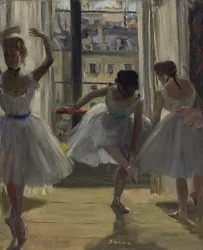 Danserinner i en øvingssal, tre danserinner, 1873