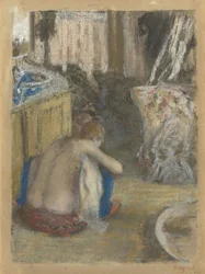 Naken kvinne på huk, sett bakfra, ca. 1876
