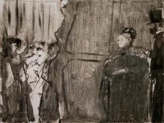 Møt Ludivic Halevy og Madame Cardinal bak kulissene. Rundt 1876-1877. Monotype har svart blekk.