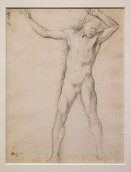 Nakent ansikt, armer hevet, ca 1859-1861. Grafitt på velinpapir.