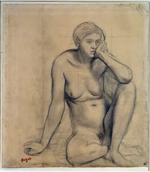 Naken kvinne sittende Studie for «Scene de guerre au Middle Ages»» Tegning av Edgar Degas (1834-1917) Dim. 0,27 x 0,31 m Paris. Museet Louvre