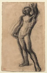 Naken mann stående, med venstre hånd hevet, ca. 1900.