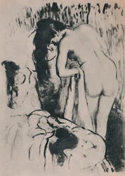 Naken kvinne som kler på seg, ca. 1890, 1946