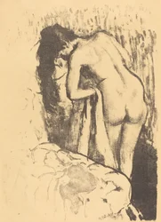 Naken kvinne står og tørker seg (Femme nue debout, a sa toilette)