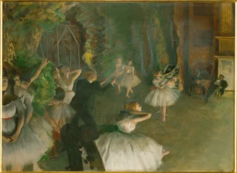 Øving av en ballett på scenen (olje på papp)