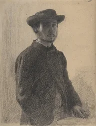 Selvportrett, ca. 1857 (svart kritt og grafitt med hvitt på beige vevd papir)