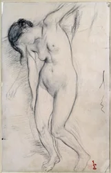 Studie av naken kvinne som står for "" scene de guerre au middelalder "". Tegning av Edgar Degas (1834-1917), ca. 1863-1865. Mål: 0,35 X 0,22 m. Paris, Musee d