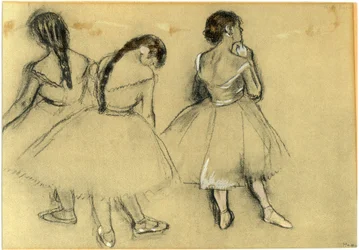 Tre dansere: kull og pastell på papir (ca. 1880) av Edgar Degas (1834-1917) - privat samling - dans, ballett, tutu, tøfler, opera - hår, hår -