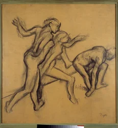 Tre nakne danserinner. Tegning med kritt og kull av Edgar Degas (1834-1917), ca. 1900. Mål: 0,89 x 0,88 m, Paris, Louvre-museet