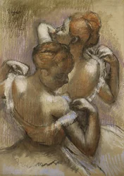 To dansere som justerer skulderstroppene sine, ca. 1897