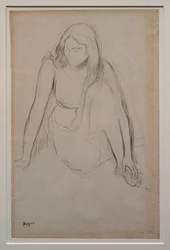 Kvinne sitter ved vannkanten. Rundt 1867-1868. Svart blyant på velinpapir.