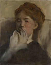 Ung kvinne med hånden over munnen, ca. 1875.