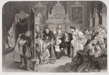 James II (1633-1701) mottar nyheter om landingen av prinsen av Orange, gravert av FA Heath