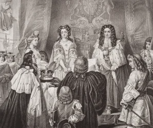 Kronen tilbudt William og Mary av Lords and Commons i Whitehall, 12. februar 1689, fra `Illustrations of English and Scottish History
