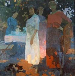 Frokost i hagen, av Edgardo Curcio (1881-1923), olje på lerret, 82x82 cm. Italia, 1900-tallet.