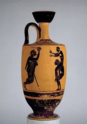 Attic svartfigur lekythos dekorert med en gammel mann som kaster en ball til en ungdom, ca. 500 f.Kr. (keramikk)